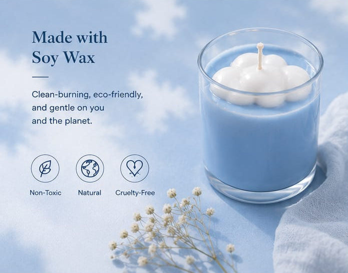 Cloud candle jar with lavender soy wax, displayed on a blue background with text and icons.